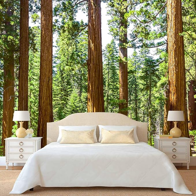 WFBHUA-Redwood Forest Wallpaper Green Woodland Tree Wallpaper for Bedroom Large Art Wall Murals for Living Room Office (Not Peel and Stick)