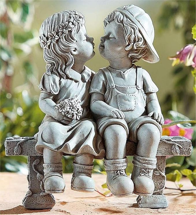 Elenon Boy and Girl Garden Statue Outdoor Decorative, Couple First Kiss Garden Sculpture for Yard Patio Art Flower Bed Decoration, 8 1/4" L x 4 3/4" W x 9" H