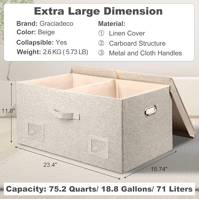 75 Quarts Extra Large Decorative Storage Bins with Lids, 3 Packs Beige Collapsible Storage Bins with Lids, Stackable Storage Bins Decorative Box Storage With Lid Extra Large