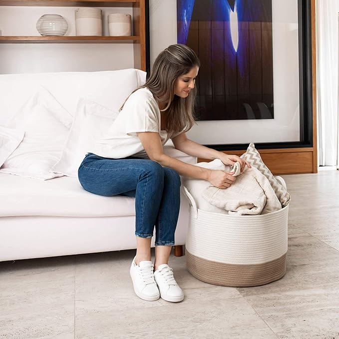 OrganiHaus Boho Woven Basket for Blankets and Laundry, Decorative Large Storage Bin for Living Room, Nursery Basket for Toys & Clothes, Soft Cotton Rope with Handles 20x13 inches - Off-White/Honey