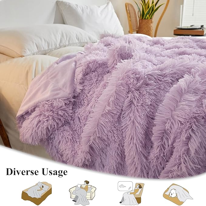 XeGe Luxury Faux Fur Bed Blanket, Soft 60x90 Lavender Fluffy Throw, Shaggy Plush Decorative Couch Blanket, Cute Furry Fuzzy Throw for Bed Bedroom Living Room Light Purple, 60x90