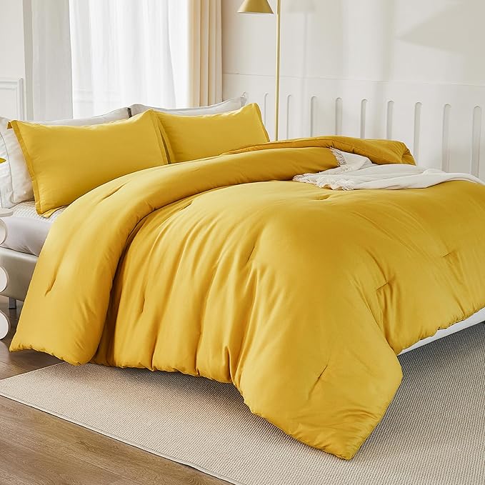 Litanika Mustard Yellow Comforter Set Queen Size, 3 Pieces Lightweight Solid Bedding Comforter Set, All Season Fluffy Bed Set (90x90In Comforter & 2 Pillowcases)