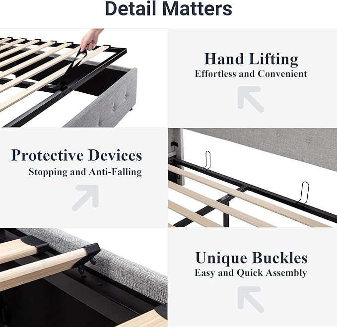 Allewie King Size Lift Up Storage Bed, Button Tufted Headboard with Wingback, Hydraulic Support, No Box Spring Needed, Light Grey