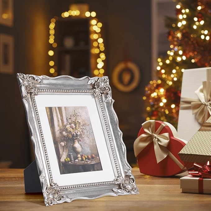 8x10 Vintage Picture Frame with Embossed Flower Design, Silver Ornate Frame for 8x10 or 5x7 Pictures with White Mat, Hand-Crafted Resin Antique Frames for Tabletop & Wall Hanging, Home Decor (Silver)