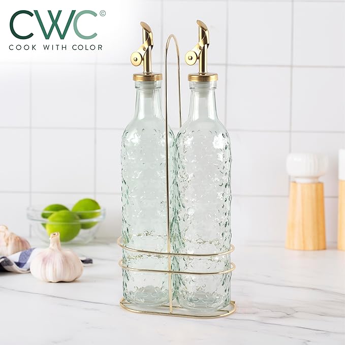 COOK WITH COLOR Glass Olive Oil Bottle Dispenser - 2 Pack- 17oz Oil and Vinegar Cruet - Olive Oil Carafe Decanter for Kitchen