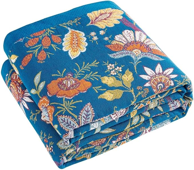 Fall Throw Blanket for Couch, Blue Boho Decorative Throw Blanket, 100% Cotton Muslin Breathable Woven Farmhouse Blankets Quilt, 90"x98" Reversible Lightweight Blankets Bohemian Throw Quilt