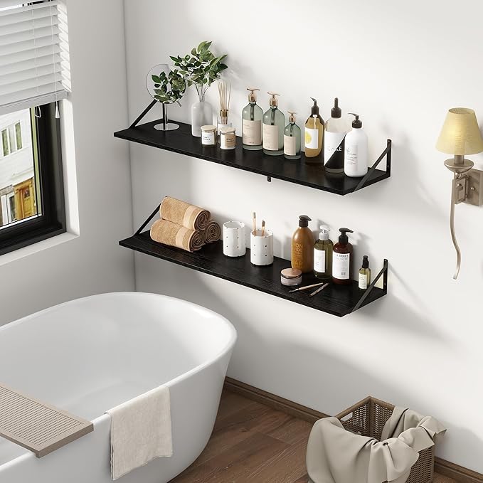 12 Inch Deep Floating Shelves, Black Floating Shelves 48W x 12D, Deep Wall Shelves Bracket Set of 2, Large Display Hanging Floating Shelf for Bathroom, Living Room, Wide Storage Wooden Wall Shelf