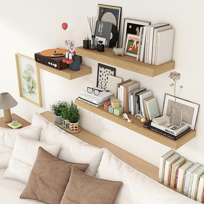 Deep Floating Shelves, 12 Inch Deep Rustic Floating Shelves Set of 2, 24 Inch Large Oak Wood Wall Mounted Shelves for Books Living Room Laundry Room Bedroom Kitchen Home Office - Oak
