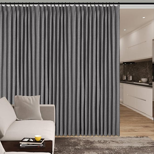Room Divider Curtains Screen Partitions, Linen Look 100% Blackout Drapery 102 Inches Long, 100" Wide Pinch Pleated Window Drapes, Privacy Protecting, Light Blocking, (1 PC, Gray)