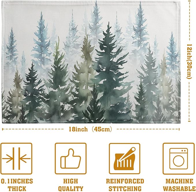 Watercolor Dark Green Tree Table Mats Set of 4 Rustic Nature Forest Pine Tree Placemats Seasonal Winter Holiday Place Mat Farmhouse Washable Linen Placemat for Dining Table Kitchen Christmas Decor