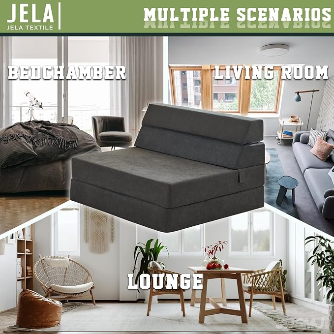 jela Foldable Sofa Bed Soft Foam Convertible Sleeper Chair Luxury Miss Fabric Fold Out Chair Bed Floor Couch with Back Support Floor Sofa for Living Room Bedroom (Twin,Dark Gray)