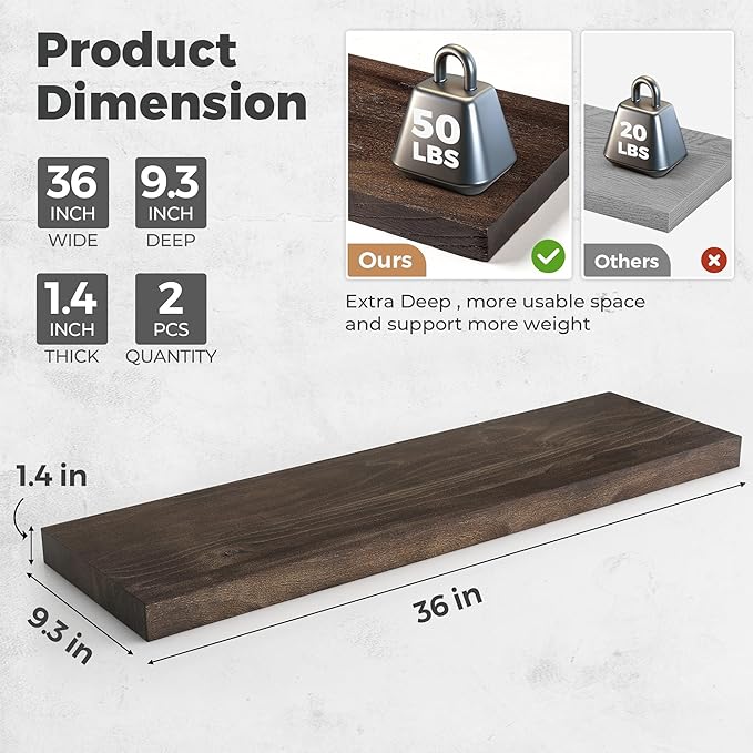 RICHFOCUS Elm Floating Shelves for Wall - 36" W x 9.3" D Rustic Solid Wood Shelves with Invisible Bracket, Wall-Mounted for Living Room, Bedroom, Kitchen Storage & Display, Set of 2, Walnut
