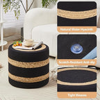 Wimarsbon 18'' Ottoman Pouf, Natural Braided Poof, Rustic Handweave Lounge Pouffe, Boho Footrest Stool for Bedroom, Accent Table or Seat for Living Room (Natural Water Hyacinth + Black Cotton Rope)