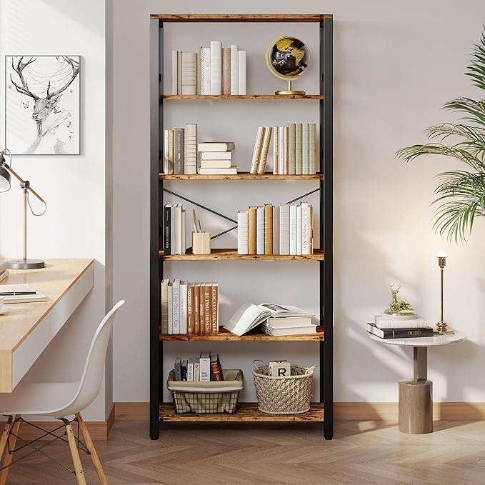 IRONCK Bookshelf, 31.5in Wide Shelf 6 Tier Bookcase, 110lbs/shelf Vintage Industrial Style Bookshelves for Bedroom, Living Room and Home Office, Vintage Brown