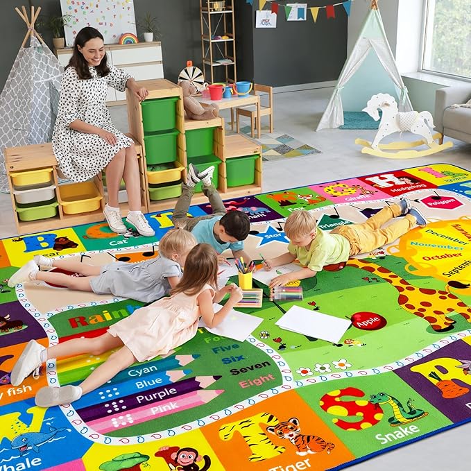 5x7 Playroom Rugs for Kids Washable, Educational and Fun Playmat with ABC Alphabet Animals Shapes Colors, Non-Slip Play Mat Learning Rugs for Baby Toddler Children Game Activity