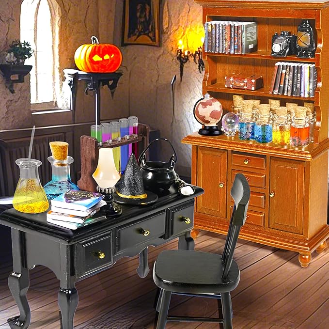 Rileryan 54 Pcs 1:12 Scale Magic Witchy House Kit Miniature Furnitures Accessories Mini Wooden Bookshelf Bookcase 30 Mini Books Desk Chair Halloween Decoration