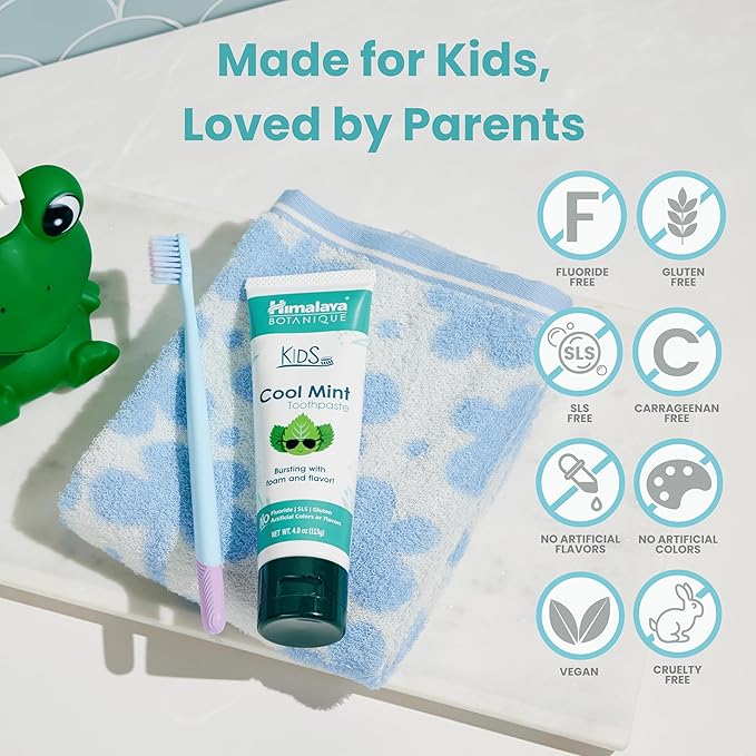Himalaya Botanique Kids Toothpaste, Herbal, Cool Mint Flavor, Fights Plaque, Fluoride Free, Gentle, No Artificial Flavors or Colors, SLS Free, Gluten Free, Cruelty Free, Vegan, Foaming, 4 Oz, 4 Pack…