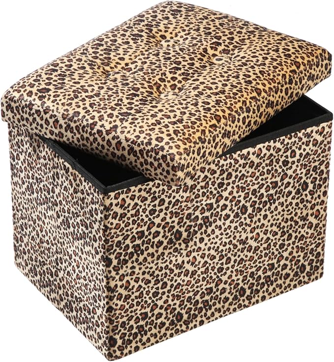 ALASDO Ottoman Storage Ottoman Footrest Stool Small Ottoman with Storage Foldable Ottoman Foot Rest Footstool Bench for Living Room 17x13x13inches Leopard Print