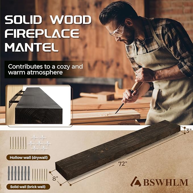 72x8x3 Fireplace Mantel - Solid Rustic Wood - Wall Mounted Floating Shelf with Invisible Heavy Duty Steel Bracket (Weathered Black)