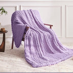 Chunky Knit Throw Blanket, 30''*40'' Knitted Throw Chenille Yarn for Bed Couch, Handmade Light Purple Crochet Big Thick Blanket, Machine Washable Cute Comfy Blanket for Home Decor
