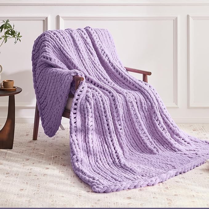 Chunky Knit Throw Blanket, 30''*40'' Knitted Throw Chenille Yarn for Bed Couch, Handmade Light Purple Crochet Big Thick Blanket, Machine Washable Cute Comfy Blanket for Home Decor