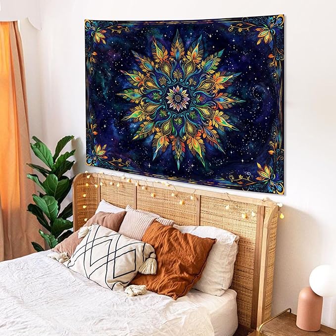 Fowocu Boho Floral Mandala Tapestry for Bedroom Aesthetic Blue Bohemian Colorful Flower Wall Tapestry Purple Hippie Indian Small Tapestries Wall Hanging for Living Room Dorm Decor 48 x 36 Inch