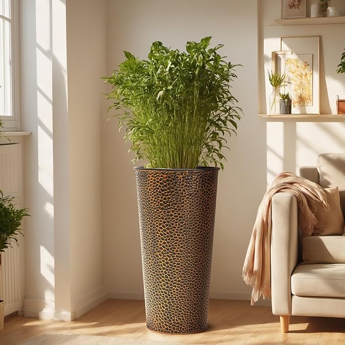KOL 28" H. Tall Metal Cone Planters with Inner Pots 2-Pack, Bronze Hand-Hammered Large Decor Planter for Deck, Patio, Porch - Handcrafted Flower Pot - with Water Level Indicator - Indoor Outdoor Use