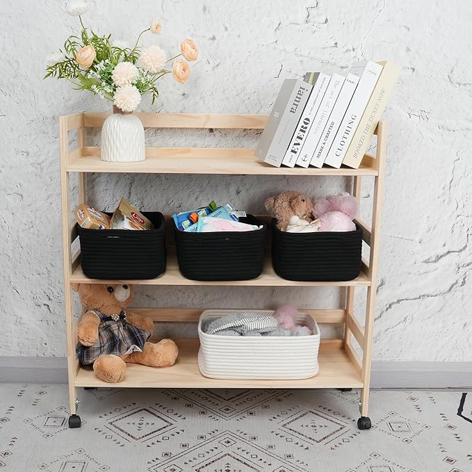 Small Woven Storage Baskets 12“X8”X5“ Decorative Rope Bins for Organizing Shelves, Closets, and Toys, Empty Gift Baskets, Cute Organizer Basket for Home and Office (black, regular)
