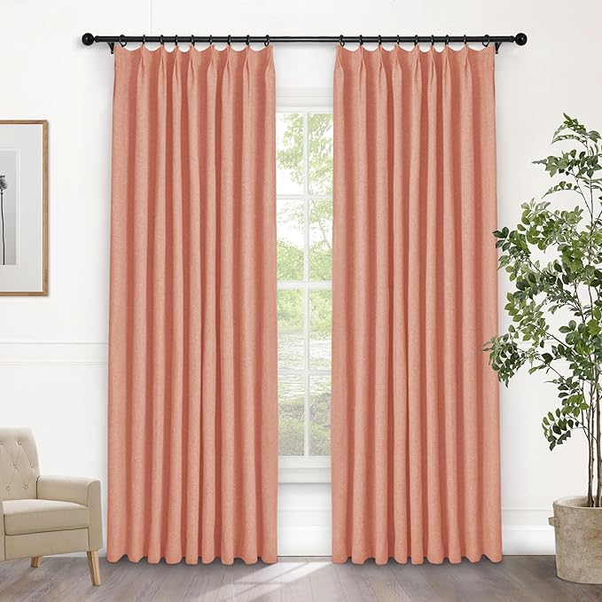 Macochico 100% Blackout Pinch Pleated Linen Curtains Thermal Window Treatments Sound Reducing Curtains for Bedroom Living Room Orange Farmhouse Burlap Drapes with Tieback 52”Wx63”L 1 Panel