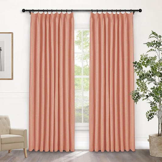 Macochico 100% Blackout Pinch Pleated Linen Curtains Thermal Window Treatments Sound Reducing Curtains for Bedroom Living Room Orange Farmhouse Burlap Drapes with Tieback 52”Wx63”L 1 Panel