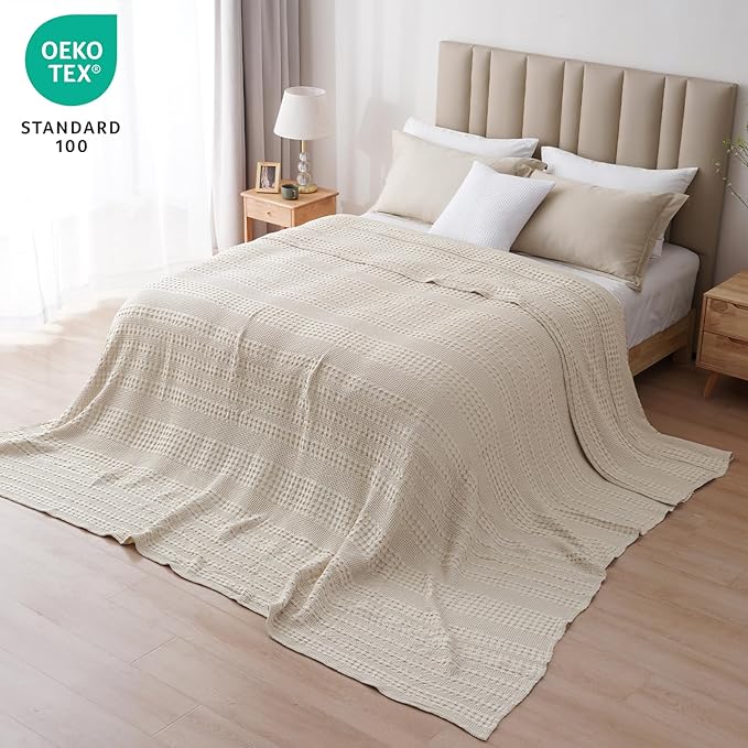 PHF 100% Cotton Waffle Blanket Oversized King 120"x120", Lightweight Breathable Extra Large 10'x10' Summer Blankets for Bed, Giant Big Luxury Aesthetic Woven Bedding for Home Decor, Oatmeal