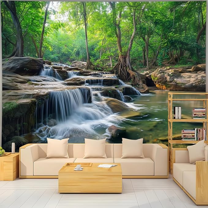 BSFHH Nature Tapestry Forest Tree Sea Cave Wall Hanging, Stream Through Rainforest Landscape Wall Art Tapestry for Bedroom Living room (Creek, 90"×70", Unframed)
