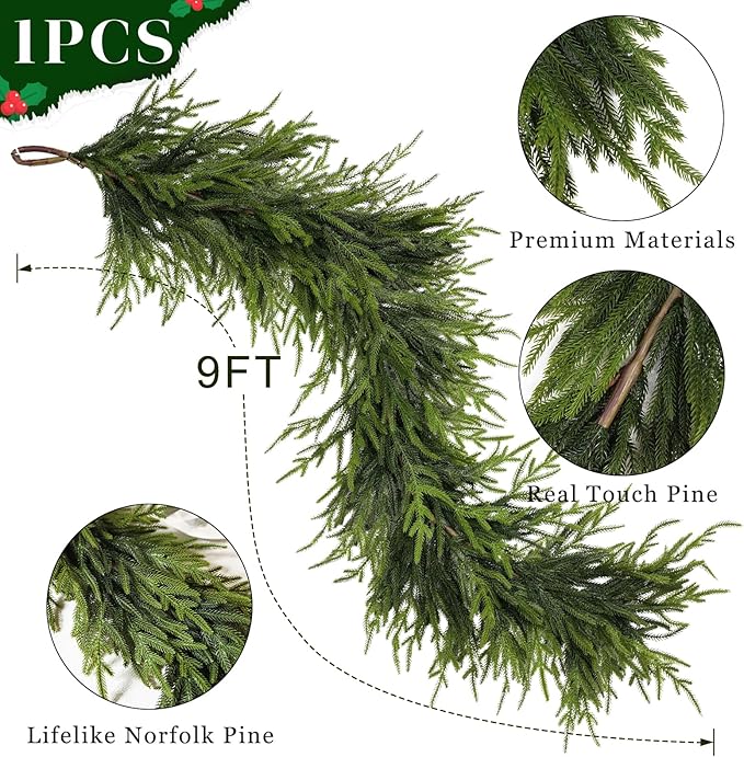 Artificial Norfolk Pine Garland - Faux Christmas Garland Fake Green Garland for Fireplace,Table, Stairs, Mantle, Window,Indoor Outdoor,Home,Holiday Decor (1 PCS,9 FT)