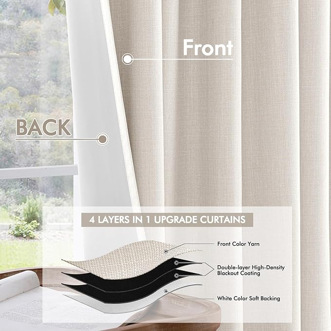 MIULEE 100% Blackout Curtains 84 Inch Long 2 Panels for Bedroom, Thick Luxury Faux Linen Black Out Curtain Room Darkening Back Tab Pleat Window Textured Drapes with Hooks for Living Room, Ivory