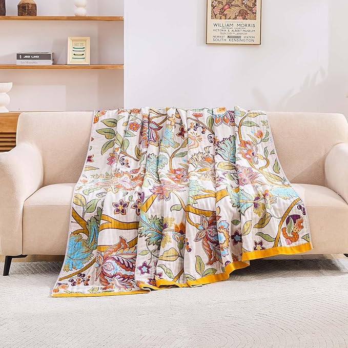 Boho Throw Blanket for Bed, 100% Cotton Soft Rustic Quilt Fall Blanket, 60"x80" Floral Printed Farmhouse Decor Bed Blankets, All Season Rustic Reversible Bohemian Throw Quilt