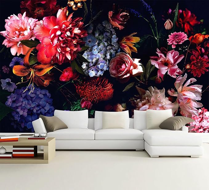 WFBHUA-Dark Floral Wallpaper Watercolor Pink and Blue Flower Wall Mural for Bedroom (Not Peel and Stick)
