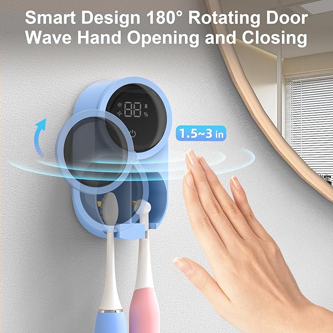 Toothbrush Holder and Cleaner for Bathroom Light Cleaning Fan Drying Round in Circle Automatic Rotating Cover Wall Mounted Smart Home Gadgets (02 Blue)