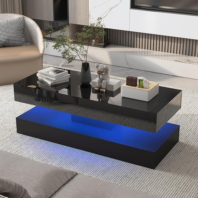Uspeedy 47.3IN High Glossy LED Coffee Table,Modern Coffee Tables for Living Room,Living Rooms Tables,Large Living Room Furniture,APP LED Lights,Black/White Coffee Table for Livings Room (Black)