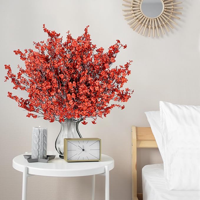 Sggvecsy 15 Pcs Babys Breath Artificial Flowers Gypsophila Bouquets Bulk Real Touch Fake Silk Flowers for Home DIY Floral Arrangement Table Centerpiece Fall Thanksgiving Autumn Decoration (Orange Red)