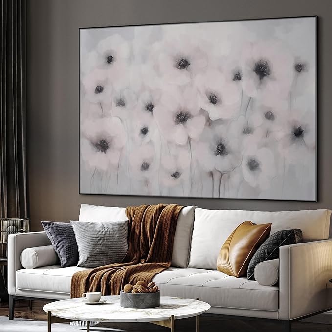 46"x60" Extra Large Framed Wall Art Soft White Poppies Watercolor Floral, Delicate Botanical for Home Living Room Bedroom Decor (Frame Assembly Required)
