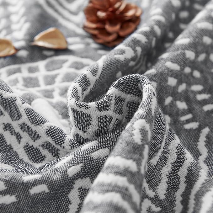 jinchan Boho 100% Cotton Muslin 50x60 Throw Blanket Lightweight 3 Layer Grey Blanket Washable Reversible Breathable Decorative Geometric Striped Patterned Gray Soft Cozy for Sofa Bed All Season Gift