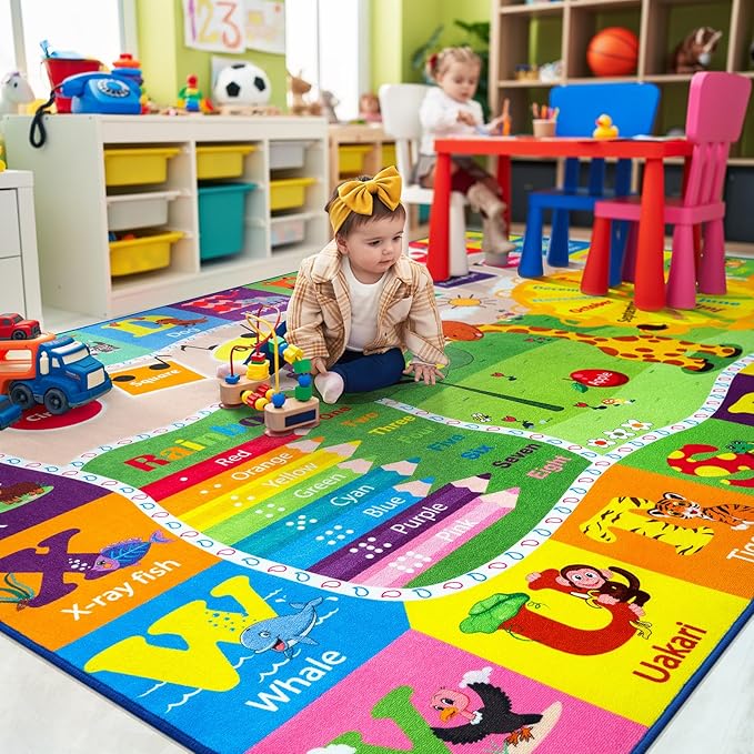 Kids Rugs for Playroom Classroom Bedroom, Educational and Fun Play Mat with ABC Alphabet Animals, Learning Rug for Children Toddler Baby Girls Boys Nursery, Washable, 4x6