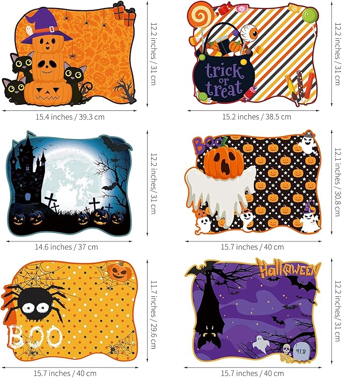 MCEAST 6 Pack Halloween Plastic Placemats Halloween Pumpkin Spider Ghost Waterproof Table Mats Assorted 6 Styles Halloween Party Table Decorations for Home Kitchen Dining, 16 x 12 Inches
