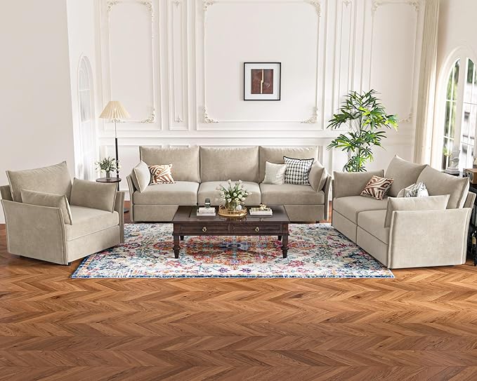 102.6" Modular Sectional Sofa, Oversized 3-Seater Couch with Removable Beige Chenille Fabric Cover, Deep Seat & High Backrest for Living Room, Office & Apartment