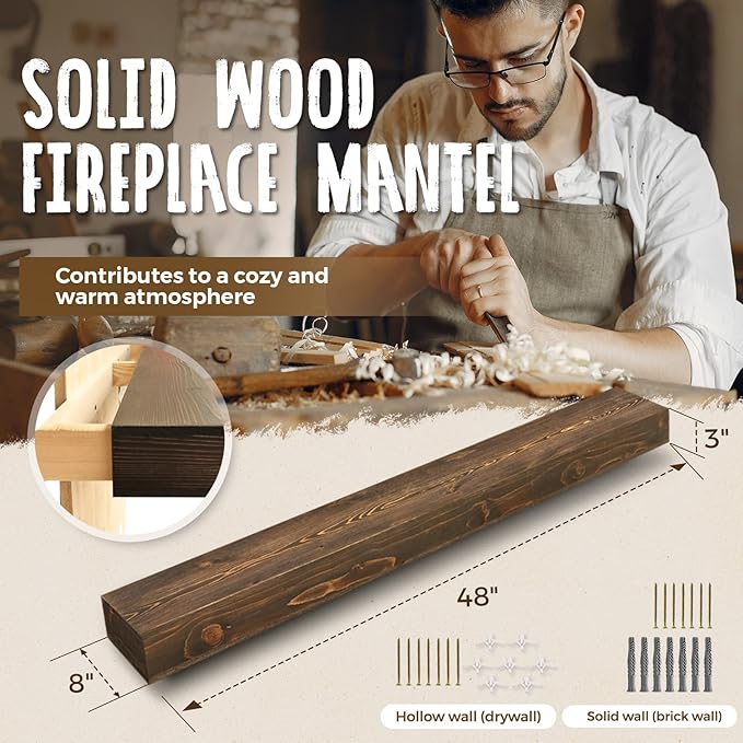 48x8x3 Fireplace Mantel - Handcrafted Hollow Rustic Solid Wood Wall Mounted Floating Shelf with Invisible Heavy Duty Wood Bracket (Weathered Brown)