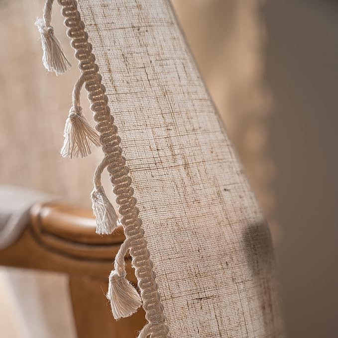 Sutuo Home Boho Linen Curtains for Kitchen Bedroom, Bohemian Semi Sheer Crochet Hollow Lace Patchwork with Textured Fabric Vintage Chic Handmade Tassels Rod Pocket Window Drapes, 59"W x 63"L, 1 Panel