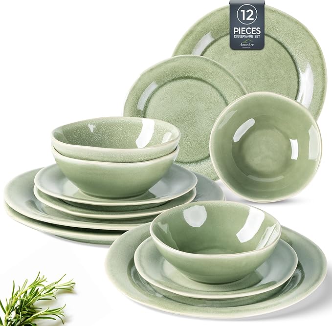 AmorArc Ceramic Dinnerware Sets, Handmade Stoneware Reactive Glaze Plates and Bowls Set, Scratch Resistant | Dishwasher & Microwave Safe Dishes Set, Service for 4 (12pc)