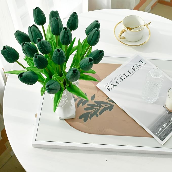 Mandy's Artificial Tulips 20 Stems Dark Green PU Faux Flowers for Wedding Home Decor 13.5 Inch