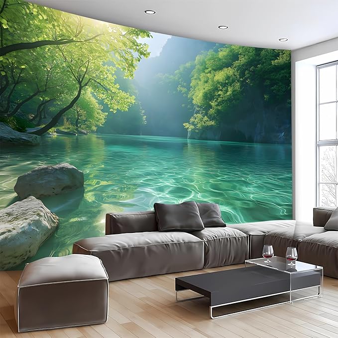 BSFHH Nature Tapestry Forest Tree Sea Cave Wall Hanging, Stream Through Rainforest Landscape Wall Art Tapestry for Bedroom Living room (Lake View, 110" × 87", Unframed)