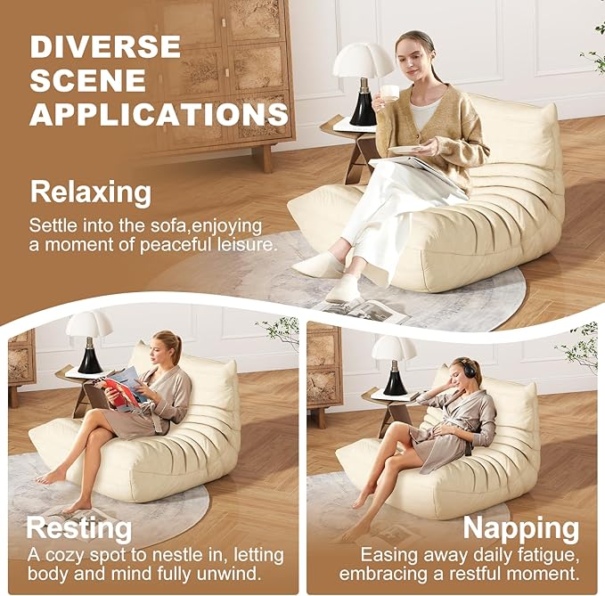 Bean Bag Chair for Adults, Lazy Floor Sofa Couch - Adult Size with Soft Waterproof Fabric for Living Room, Apartments, Reading Corner, Gaming, and Movie Venue (White)